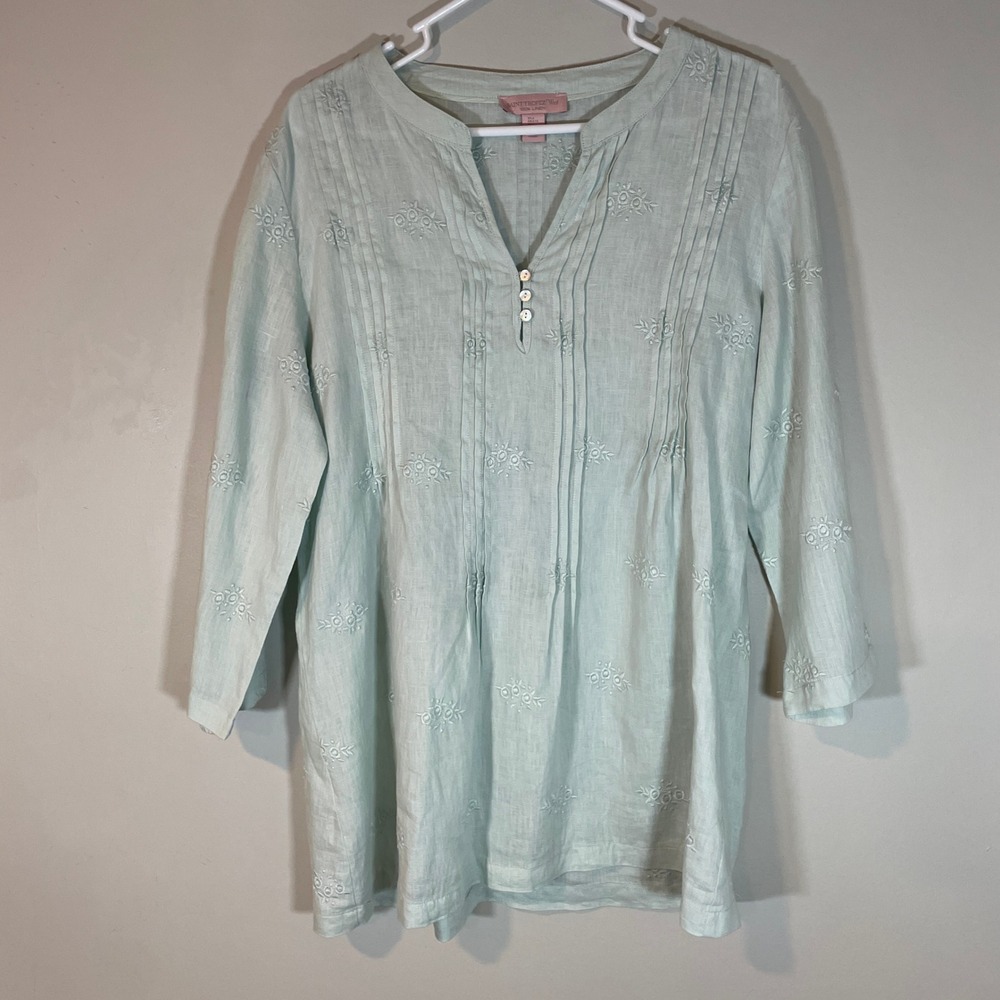 Saint Tropez West Light Green Linen Embroidered Pintuck Tunic Top L Coastal